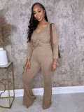 EVE Long Sleeve V Neck Solid Color Pants Suit MIL-L258