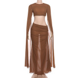 EVE Solid Color Crop Top Long Skirts 2 Piece Set DLSF-K6S00504A