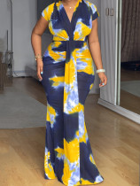 EVE Print V Neck Ruchecd Maxi Dress GYLY-10998