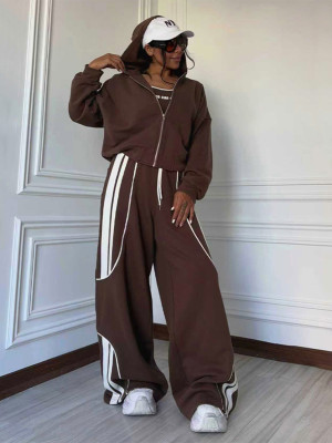 EVE Color Block Zipper Hooded Tops Two Piece Pants Set MIL-L299