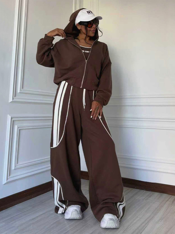 EVE Color Block Zipper Hooded Tops Two Piece Pants Set MIL-L299