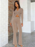 EVE Long Sleeve V Neck Solid Color Pants Suit MIL-L258