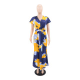 EVE Print V Neck Ruchecd Maxi Dress GYLY-10998