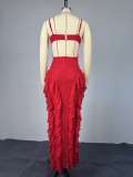 EVE Solid Color Ruffled Edge Sling Maxi Dress GMSF-9397