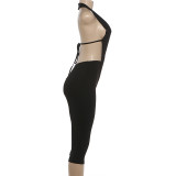 EVE Deep V Neck Solid Color Tight Fifth Jumpsuit DLSF-K6Q00634A