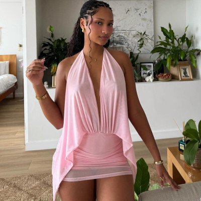 EVE Deep V Neck Halterneck Backless Mesh Mini Dress XEF-K6D01882A