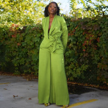EVE Solid Color Blazer Neck Tie Up Wide Leg Pants 2 Piece Set YF-10902
