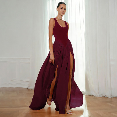 EVE Solid Color Sleeveless Chiffon Slit Maxi Dress GSZM-D26DS024