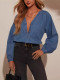 EVE Long Sleeve V Neck Long Sleeve Denim Top GYAN-753