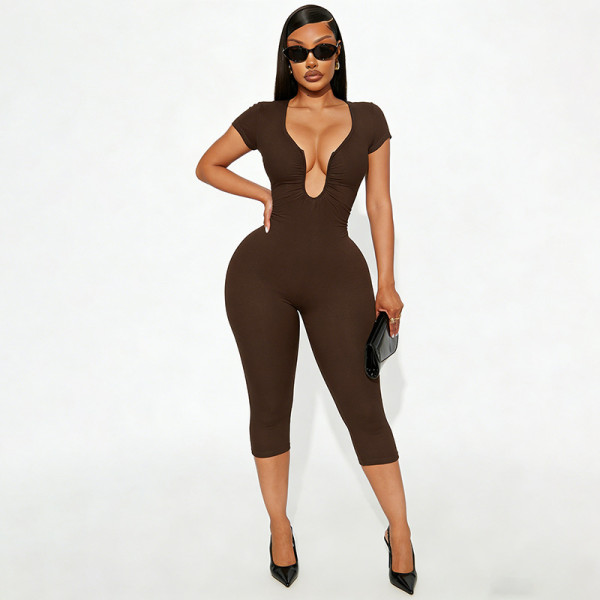 EVE U Neck Short Sleeve Solid Color Romper GDSF-J25JP479