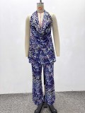 EVE V Neck Print Backless Top Two Piece Pants Set GQZF-8000