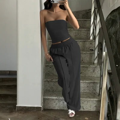 EVE Solid Color Wrap Chest Top Two Piece Pants Set GZYU-K25399170