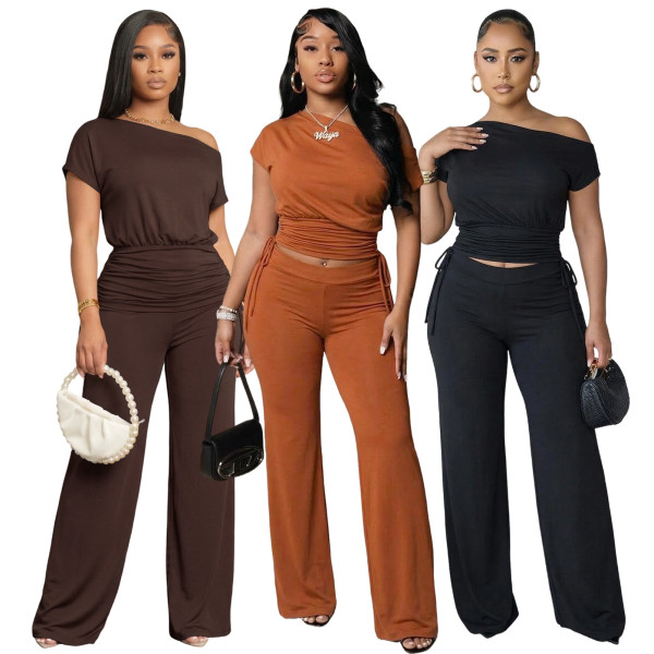 EVE Solid Color Sleeveless Drawstring Two Piece Pants Set ASL-6818