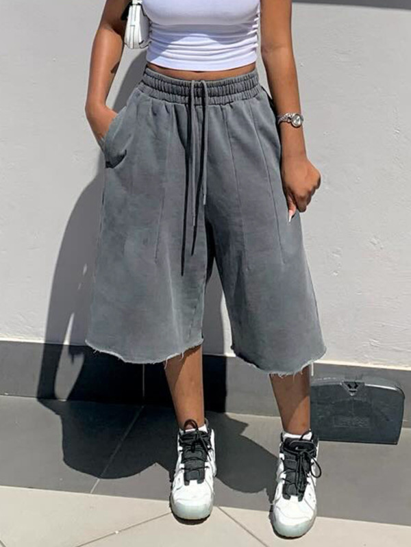 EVE Washed Loose Wide Leg Denim Fifth Pants SH-391515