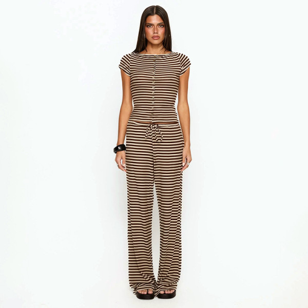 EVE Knits Stripe Patchwork Loose Two Piece Pants Set GSZM-J26ST078