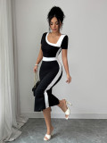 EVE Slash Neck Color Block Midi Dress GZEY-K26130056