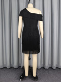 EVE Slash shoulder Rhinestone Bow Fringe Midi Dress GKEN-ADR051214