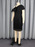 EVE Slash shoulder Rhinestone Bow Fringe Midi Dress GKEN-ADR051214