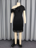EVE Slash shoulder Rhinestone Bow Fringe Midi Dress GKEN-ADR051214