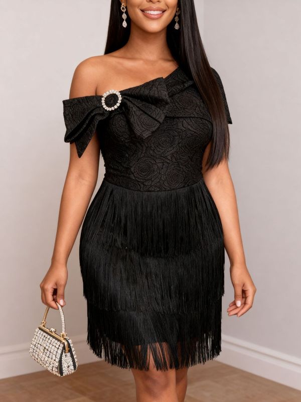 EVE Slash shoulder Rhinestone Bow Fringe Midi Dress GKEN-ADR051214