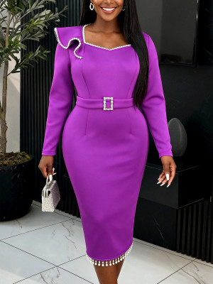 EVE Plus Size Ruffles Long Sleeve Pearl Patchwork Midi Dress GKEN-AM040935