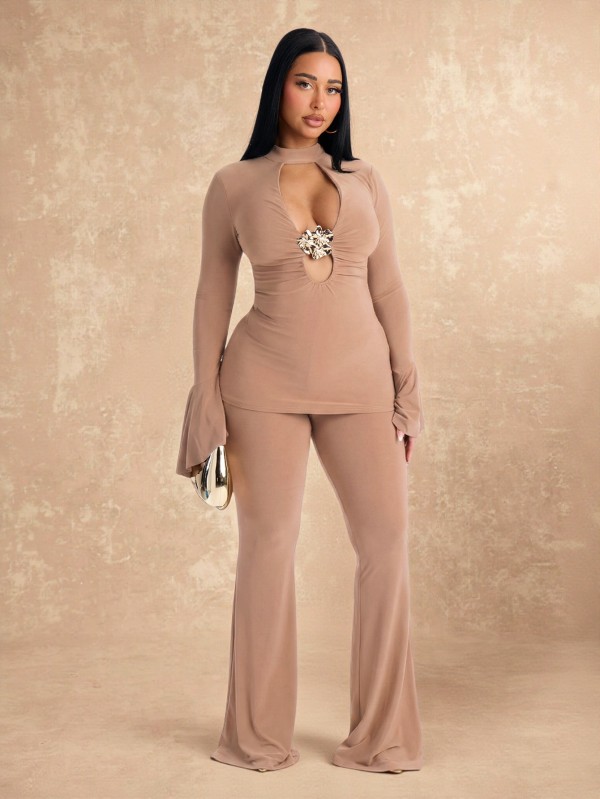 EVE Deep V  Neck Long Sleeve Two Piece Pants Set GZIY-6365