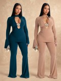 EVE Deep V  Neck Long Sleeve Two Piece Pants Set GZIY-6365