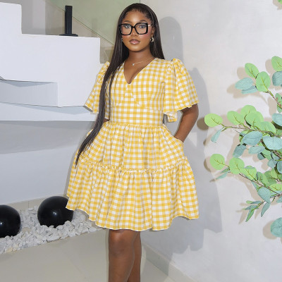 EVE Plaid Print V Neck Loose Mini Dress GANY-LB2248