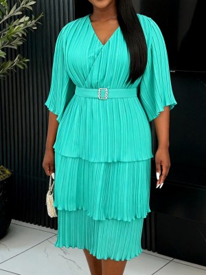 EVE Plus Size Belt Press Pleated Cake Midi Dress GKEN-AM040936