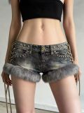 EVE Retro Fur Patchwork Studs Denim Shorts GQLF-3010