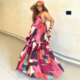 EVE Ruffles Sling Print Patchwork Maxi Dress GANY-LB2787