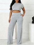 EVE Solid Color Short Sleeve Wide Leg Pants 2 Piece Set HNIF-MC018