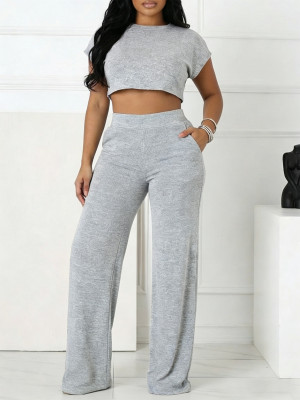 EVE Solid Color Short Sleeve Wide Leg Pants 2 Piece Set HNIF-MC018