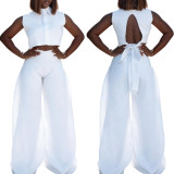 EVE Solid Color Sleeveless Backless Tops Two Piece Pants Set OLYF-1971