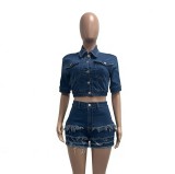 EVE Denim Short Sleeve Tops Tassel Shorts 2 Piece Set YMEF-59015