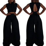 EVE Solid Color Sleeveless Backless Tops Two Piece Pants Set OLYF-1971