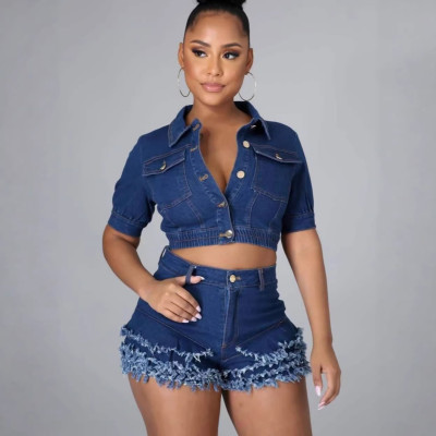 EVE Denim Short Sleeve Tops Tassel Shorts 2 Piece Set YMEF-59015