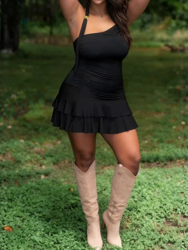 EVE Halterneck Ruched Ruffles Mini Cake Dress OLYF-6198