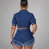 EVE Denim Short Sleeve Tops Tassel Shorts 2 Piece Set YMEF-59015