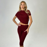 EVE Solid Color Ruched Tops Seventh Pants Suit GDSF-J26ST024