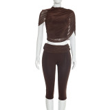 EVE Solid Color Ruched Tops Seventh Pants Suit GDSF-J26ST024