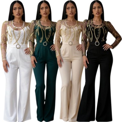 EVE Mesh Embroidery See Through Wide Leg Jumpsuit LA-6005