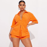 EVE Solid Color Short Sleeve Shirt Two Piece Shorts Set YNSF-8027