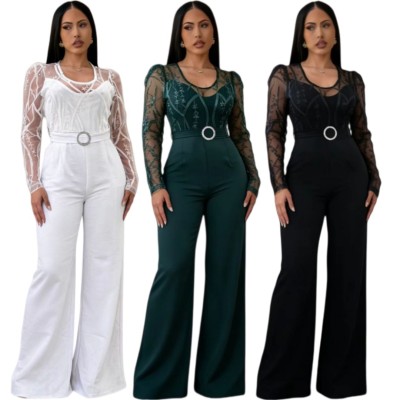 EVE Mesh Embroidery Belt Wide Leg Jumpsuit LA-6006