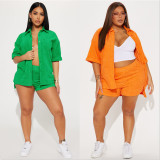 EVE Solid Color Short Sleeve Shirt Two Piece Shorts Set YNSF-8027