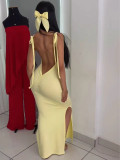 EVE Sexy Backless Tie Up Ruched Split Maxi Dress MIL-L360