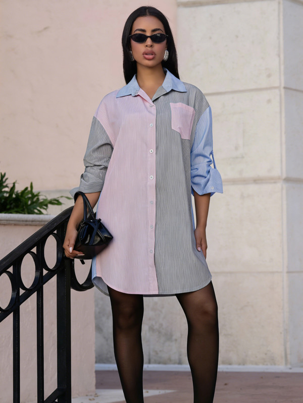 EVE Stripe Color Block Shirt Dress MIL-L323