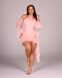 EVE Mesh Halterneck Backless Ruched Mini Dress CM-60305