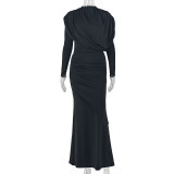 EVE Long Sleeve Solid Color Ruched Maxi Dress GJYO-305058