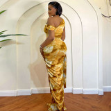 EVE Sleeveless Ruched Slash Neck Print Maxi Dress GJYO-305013